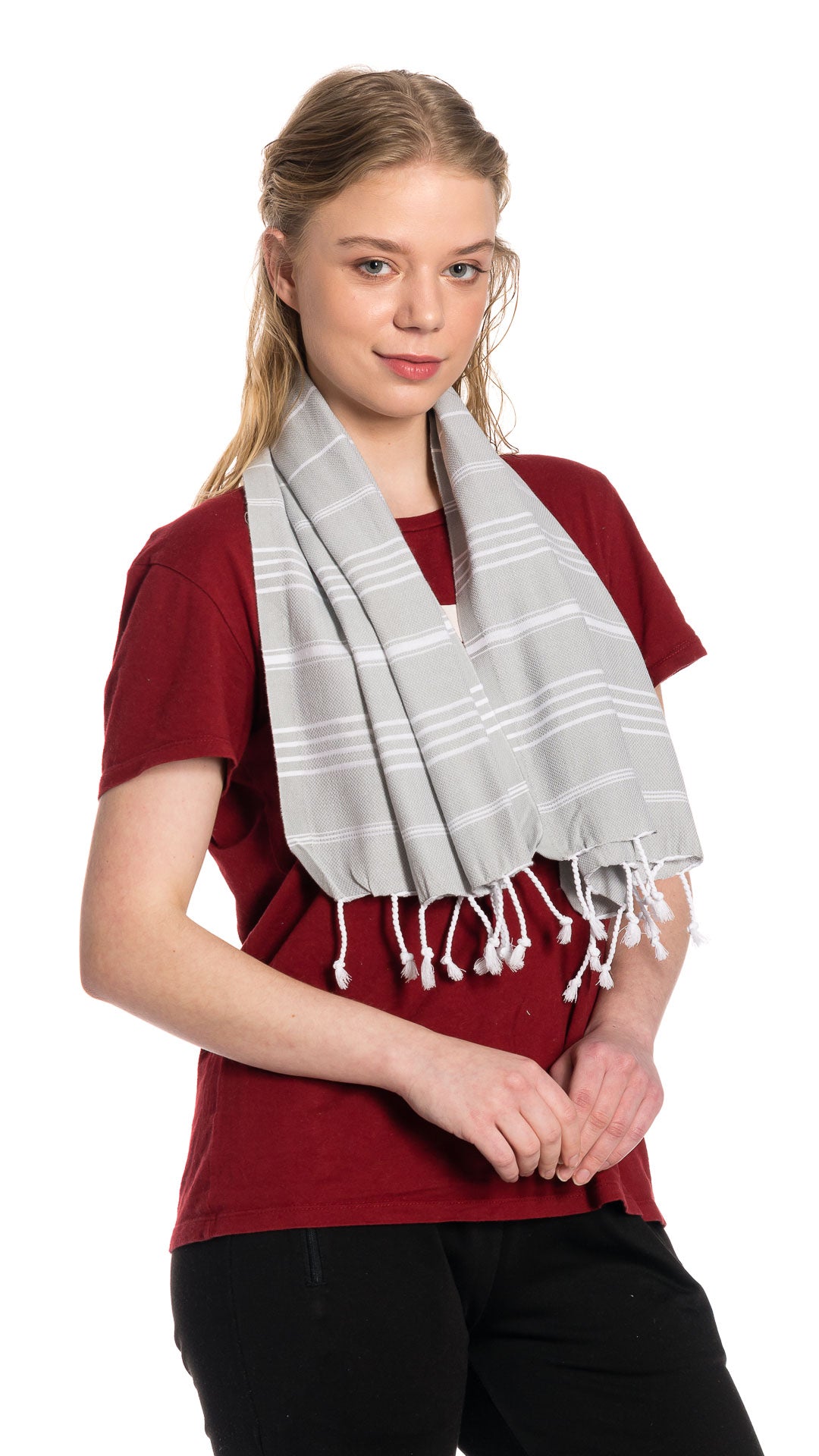 model in grey towels