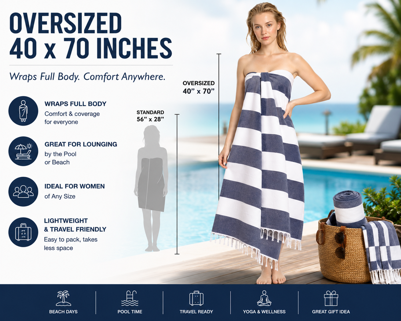 Turkish Beach Towel Set of 4, 100% Cotton 39 x 70 Inches (Classic)