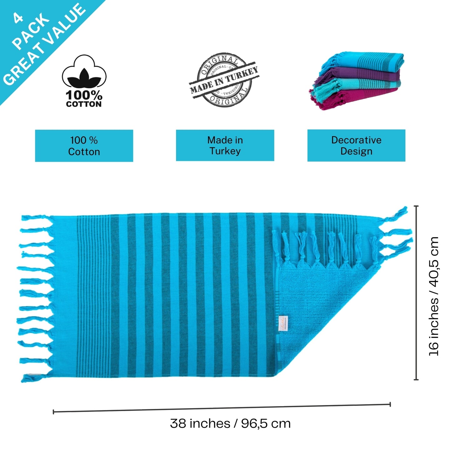 Turkish Home Hand Towel Set of 4, Variety Colors, 20 x 40 inches (Terry)