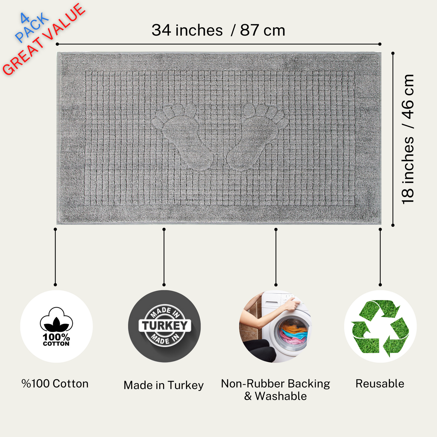 Turkish Home Cotton Bath Mat Set of 4, Gray, Washable Reversible, 100% Cotton 18 X 34 Inches